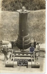Fig. 2. C.G. Collins, Art Smith in Muzzle of a 12 Inch Mortar, Camp Winfield Scott, 1915. Photographic postcard, 9 x 14 cm. Allen County Public Library, Community Album, Harter Postcard Collection, FWFV00556A (Photo: ACPL)