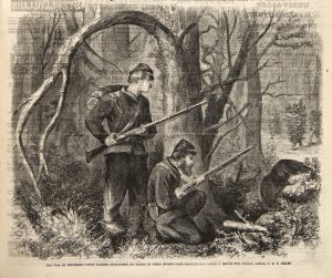 After C.E.H. Bonwill, The War in Tennessee—Union Pickets Approached by Rebels in Cedar Bushes Near Chattanooga, Frank Leslie’s Illustrated Newspaper, Dec. 12, 1863. Wood engraving. (Newberry Library, Chicago.)