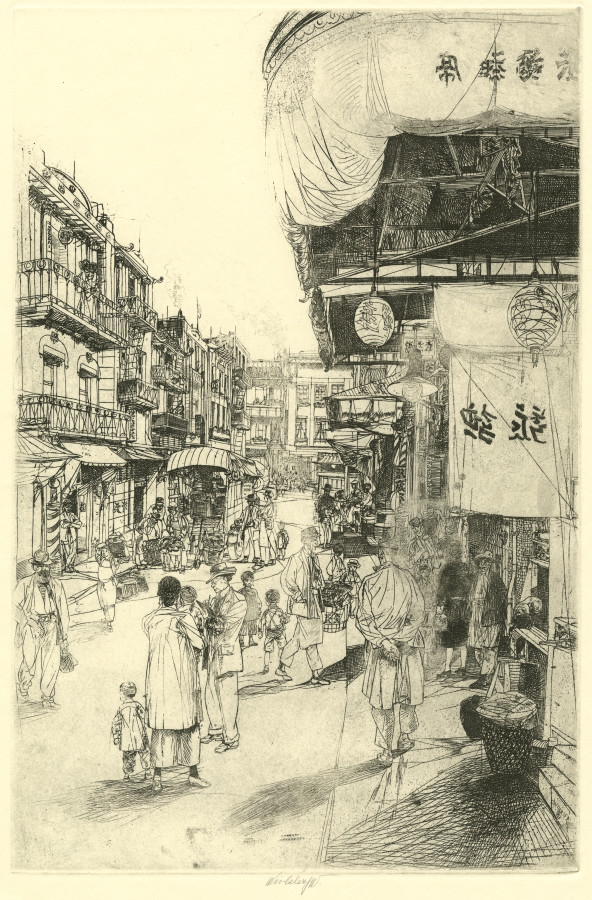 Black and white etching showing a scene in Chinatown