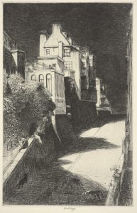 Fig. 7. John W. Winkler, <i> Haunted House (Sally Stanford House)</i> , c. 1914. Etching, 10.8 x 7 in. © Fine Arts Museums of San Francisco and the John W. Winkler Estate. Achenbach Foundation for Graphic Arts, Fine Arts Museums of San Francisco, gift of John G. Aronovici.