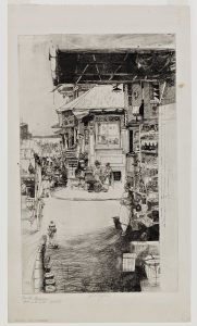 Fig. 9. John W. Winkler, Corner Fruit Stand with Hydrant, 1921. Etching, 11.75 x 7.125 in. © The John W. Winkler Estate. Iris and B. Gerald Cantor Center for Visual Arts at Stanford University; Gift of Dr. A. Jess Shenson. 