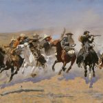 Oil paining of Native Americans chasing cowboys, horses, sand, guns