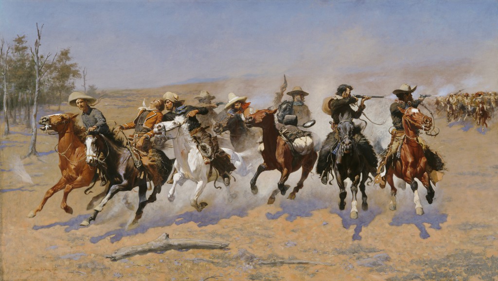 Oil paining of Native Americans chasing cowboys, horses, sand, guns