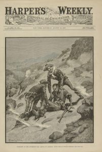 Fig. 8. Frederic Remington, “Soldering in the Southwest—the Rescue of Corporal Scott.” Cover of Harper’s Weekly v. 30, no. 1548, (August 21, 1886). Wood engraving, 15 ¾ x 11 in. Private Collection.