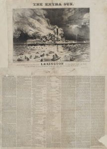 Fig. 10. Nathaniel Currier, lithographer and publisher (W. K. Hewitt, artist), Awful Conflagration of the Steam Boat Lexington in Long Island Sound on Monday Eveg, Jany 13th 1840, by which Melancholy Occurrence, over 100 Persons Perished, 1840. Lithograph, 23.5 x 17 in. From the collection of the Museum of the City of New York.