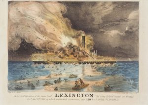 Fig. 11. Nathaniel Currier, lithographer (W. K. Hewitt, artist; The Sun, publisher), Awful Conflagration of the Steam Boat Lexington in Long Island Sound on Monday Eve, Jan. 13th 1840 by which Melancholy Occurrence, over 120 Persons Perished, 1840. Hand-colored lithograph, 10 x 13.5 in. Michele and Donald D'Amour, Museum of Fine Arts, Springfield, Massachusetts. Gift of Lenore B. and Sidney A. Alpert, supplemented with Museum Acquisition Funds, Photography by David Stansbury.