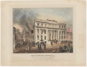 Fig. 2. Nathaniel Currier, lithographer (John H. Bufford, artist; J. Disturnell and J. H. Bufford, publishers), Ruins of the Merchant’s Exchange N.Y. after the Destructive Conflagration of Decbr 16 & 17, 1835, 1835. Hand-colored lithograph, 13.375 x 17.375 in. From the collection of the Museum of the City of New York.
