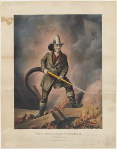 Fig. 3. Currier and Ives, publisher (Louis Maurer, artist), The American Fireman, Facing the Enemy, 1858. Hand-colored lithograph, 22 x 17.25 in. From the collection of the Museum of the City of New York.