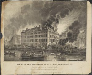 Fig. 4. Nathaniel Currier, lithographer (John H. Bufford, artist; J. Disturnell and J. H. Bufford, publishers), View of the Great Conflagration of Dec 16th and 17th 1835; from Coenties Slip, 1836. Lithograph, 9 x 12 in. From the collection of the Museum of the City of New York.