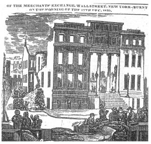 Fig. 8. The Merchants’ Exchange fire in the Herald, December 21, 1835. Woodcut. "Ruins of the Merchant's Exchange, Wall Street, New York-Burnt on the Morning of the 17th Dec. 1835." Herald [New York, New York] December 21, 1835: 19th Century U.S. Newspapers, electronic resource. Woodcut, approximately 4 x 6 in. 