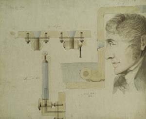 Fig. 4. Robert Fulton, Three figures: 1. Mode of placing conic glass windows with cork stops in case of accident. 2. Lid and cap of a dome for observation. 3. Bathometer, gauge for measuring depth., 1806. Watercolor. Manuscripts and Archives Division, The New York Public Library, Astor, Lenox and Tilden Foundations.