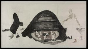 Fig. 1. Kara Walker, About the title—I had wanted to title this “sketch after my Mississippi youth” or “the excavation” as I pictured it a sort of introduction to the panorama to come. However the image, which is partly borrowed, is of an Indian mound-painted by Mr. J. Egan in 1850 is meant to remind the dear viewer of another place altogether, from which we suckle life. Perhaps my rendering is too subtle. . . ., 2002. Graphite on paper. 66 ¾ x 138 ¾ inches. The Museum of Contemporary Art, Los Angeles Partial and promised gift of Manfred and Jennifer Simchowitz 2003.100. 