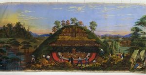 Fig. 4. John J. Egan, Huge Mound and the Manner of Opening Them, scene 20 from the Panorama of the Monumental Grandeur of the Mississippi Valley, c. 1850. Tempera on cotton muslin sheeting, 2.3 x 106.7 meters. St. Louis Art Museum, Eliza McMillan Fund.