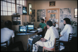 Fig. 1. Mobile Image, Electronic Café, 1984. Photograph of live event in Los Angeles. Courtesy of Kit Galloway.