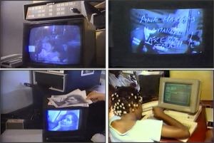 Fig. 3. Mobile Image, Electronic Café, 1984. Photograph of live event in Los Angeles. Courtesy of Kit Galloway.