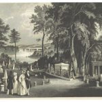 Painting of a cemetery with 2 men and 2 women standing in the foreground and a forest in the background