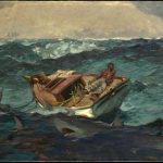 Painting of a man in a boat in rough waves