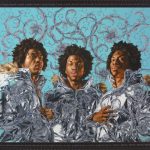 Painting of 3 black men wearing silver jackets with a blue background