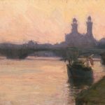 Painting showing a river scene by a city at either sunrise or sunset