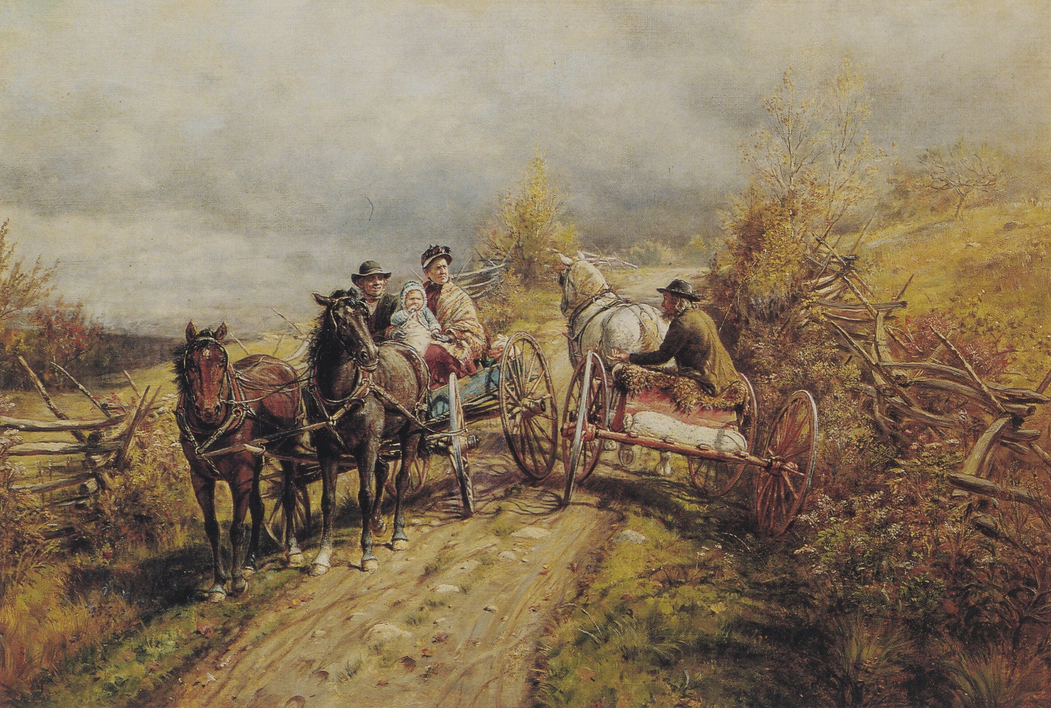 header image showing 2 groups meeting as their horse-drawn carriages pass each other in a field