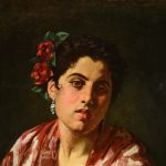 Painting of a Spanish girl wearing a red dress with red flowers in her hair