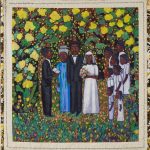 Painting of a wedding with family looking on in a garden area with yellow flowers