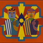 header image of an illustration of 2 male figures in red, yellow, and blue