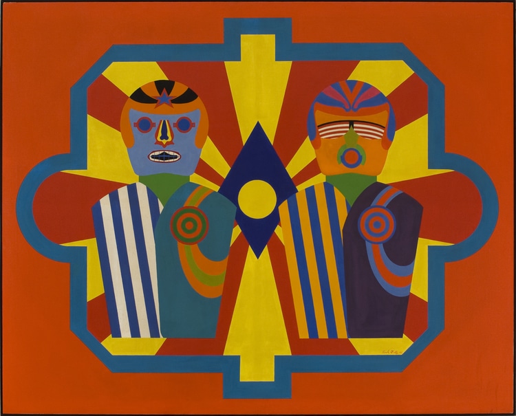 header image of an illustration of 2 male figures in red, yellow, and blue