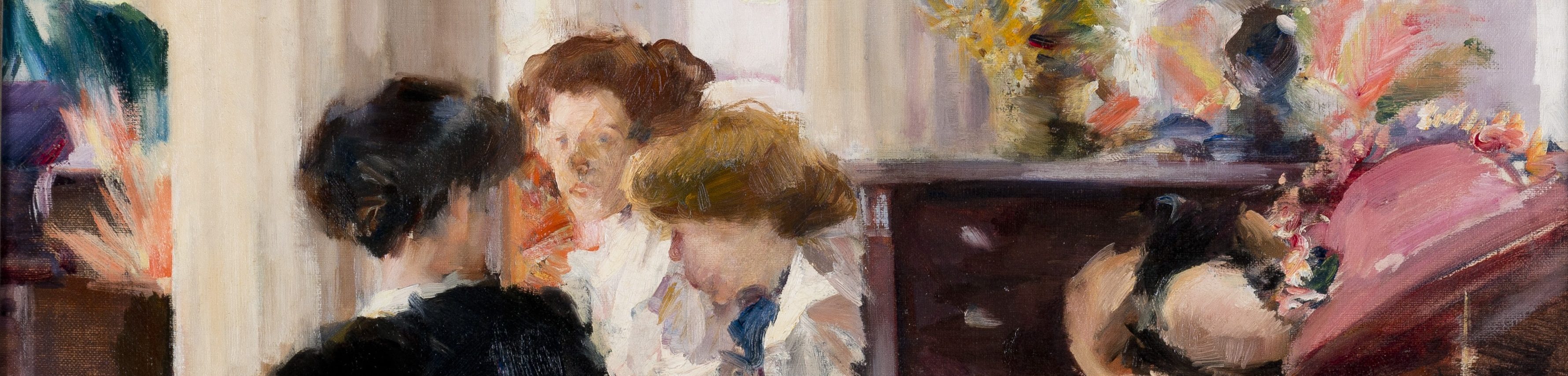 Header image showing an impressionist painting of women in the Edwardian era in a shoe shop