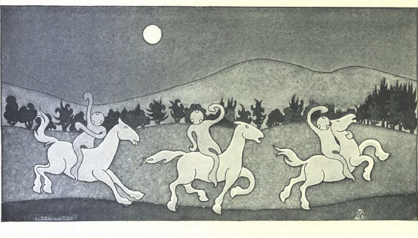 Illustration of abstract figures riding horses