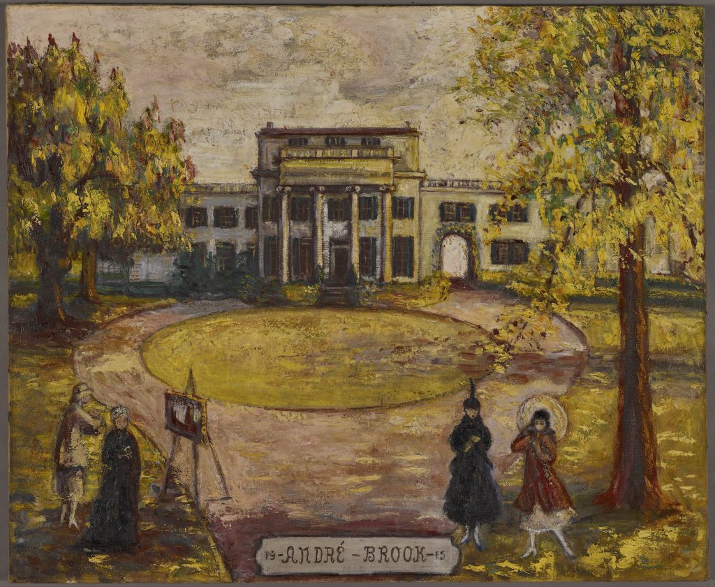 Painting of a large house with columns, trees, and a couple posing in front of it