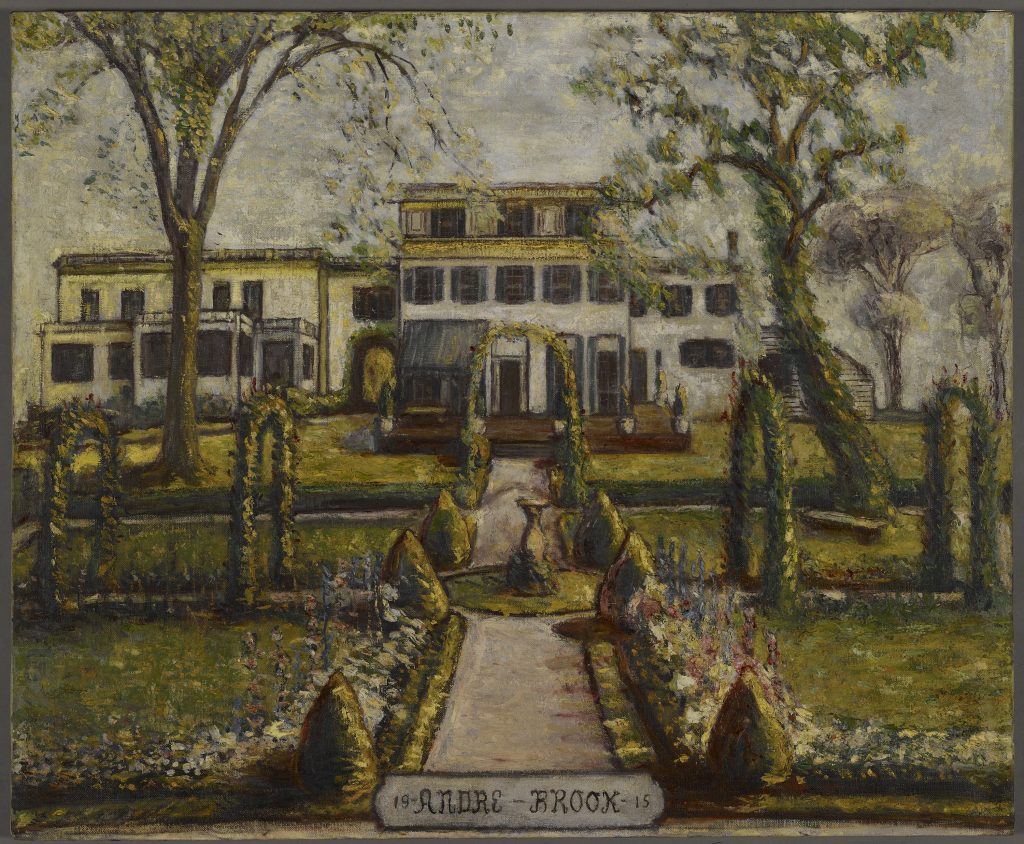 Painting of 2 houses, and a path leading up to 1 house with shrubs lining the path