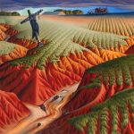 header image painting of farmland fields with a scarecrow in the foreground