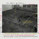 Photograph of a basketball court with writing around the picture