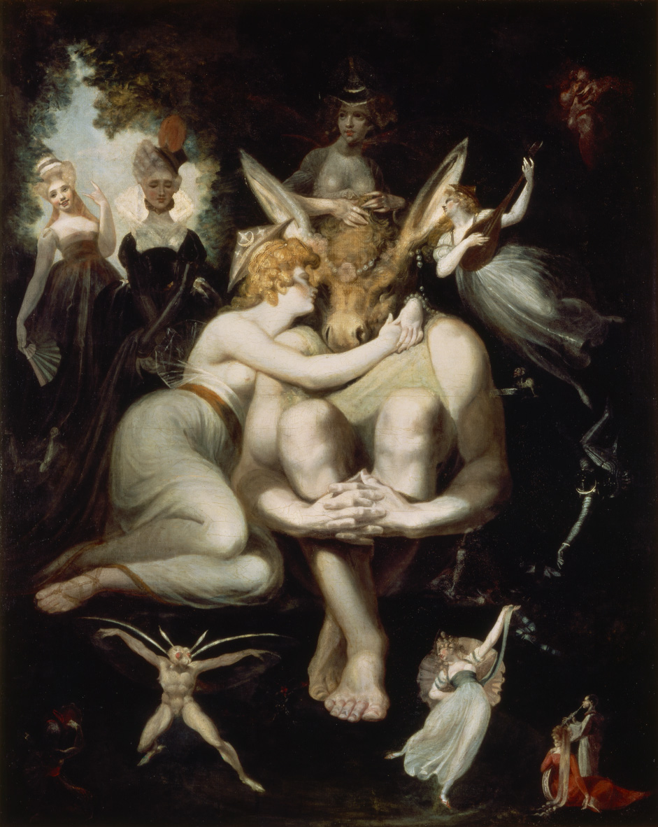 Painting of several fairies around a man with a donkey's head