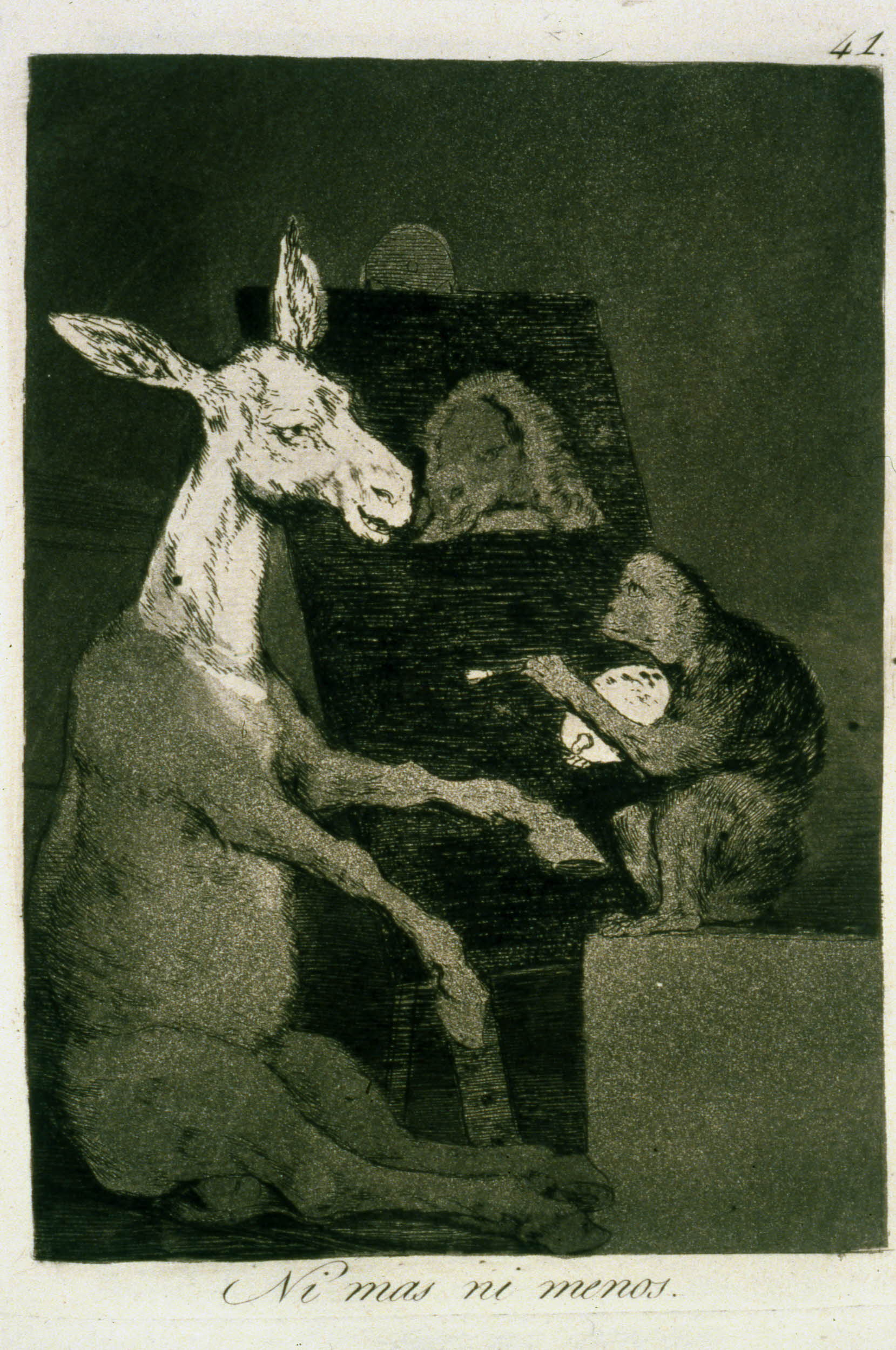 Cartoon of a donkey posing for a monkey to paint him