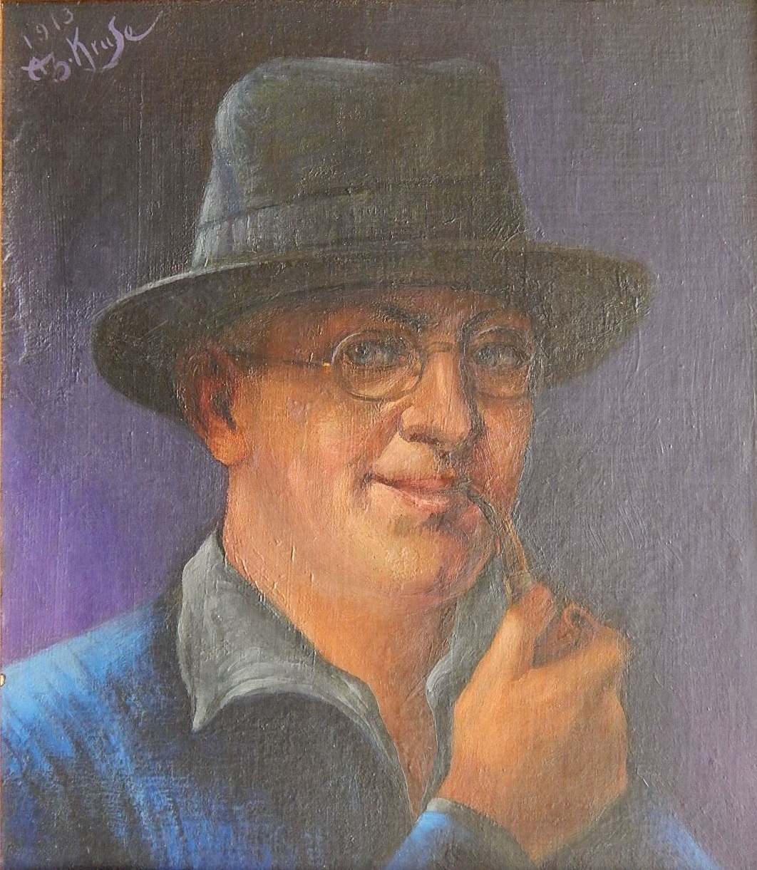 Painting of a man in glasses, black fedora, and blue shirt smoking a pipe