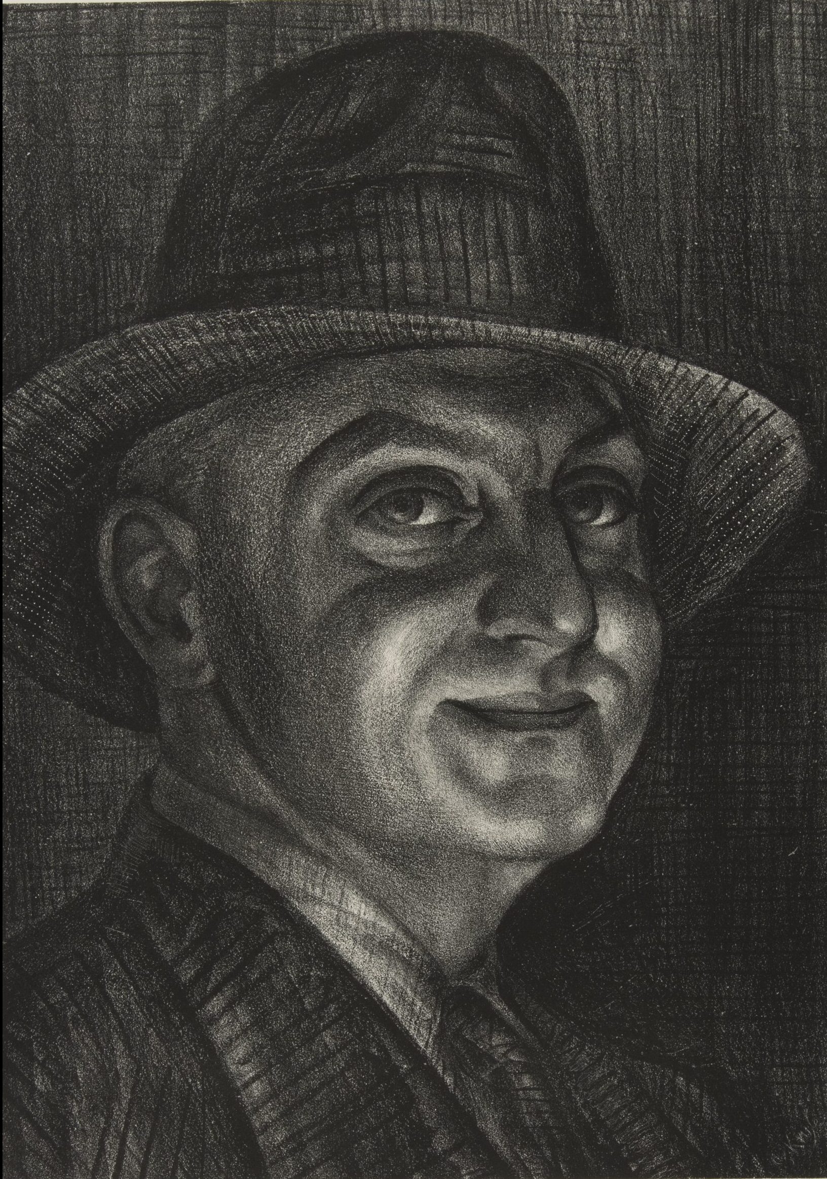 largely black drawing of a man in a dark suit and fedora