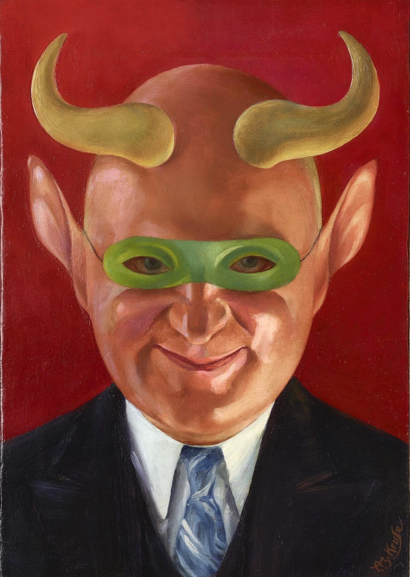 Painting of a bald man in a suit with a green mask over his eyes and yellow horns on his head
