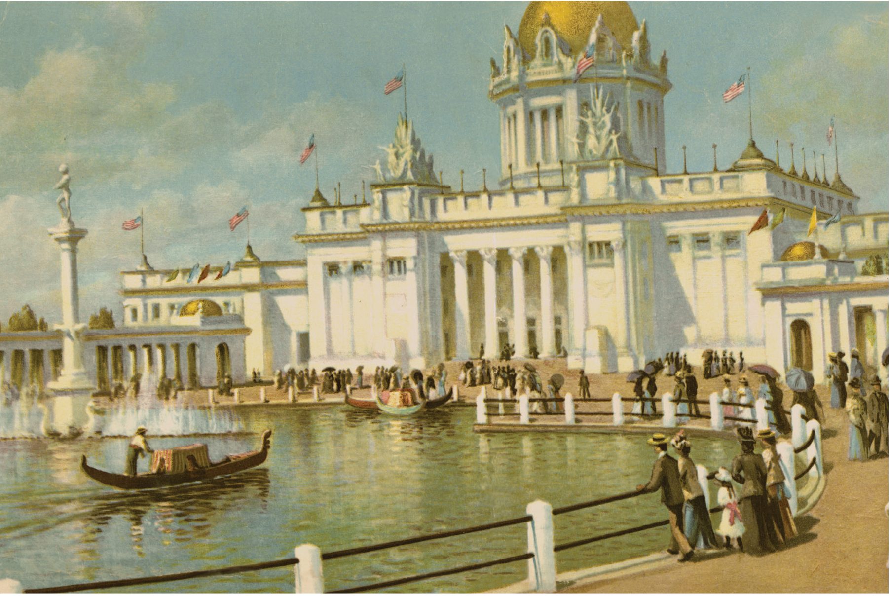Book cover for "The Trans-Mississippi and international Expositions of 1898" featuring an image of a white building with a gold dome situated along a river