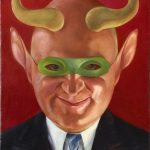 Painting of a white man wearing a green mask