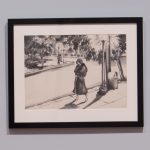 Black and white drawing of a woman walking down the street