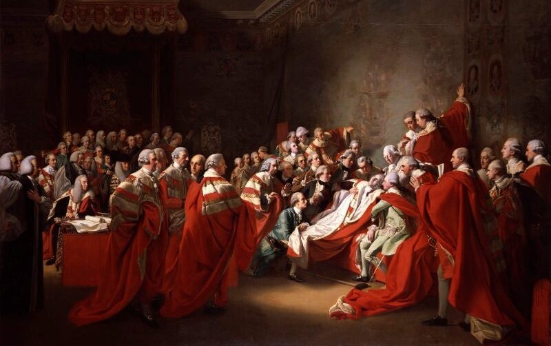 Painting of a room filled with man wearing red and white robes
