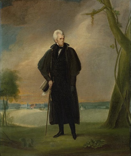 Painting of a white-haired man wearing black clothing standing next to a tree