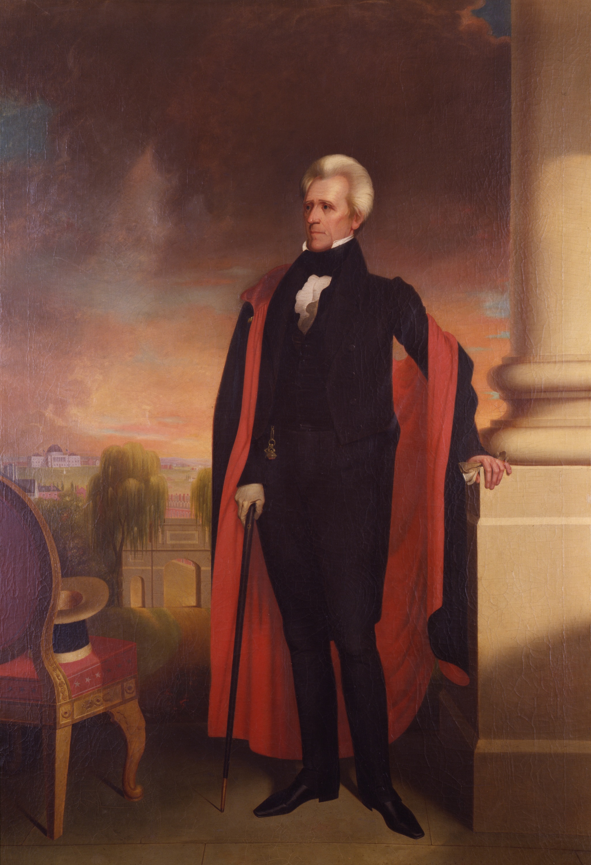 Painting of a white-haired man wearing black clothing and a red cape leaning against a white column
