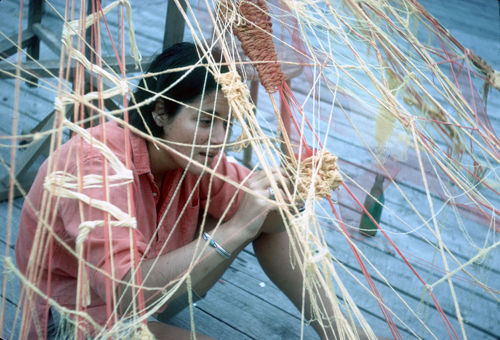 Photo of a dark-haired woman with a net in front of her