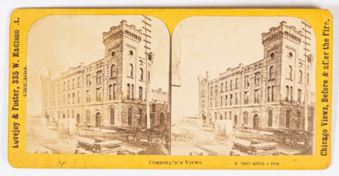 Animated image alternating between two stereographic views of a building before and after it was ruined by fire