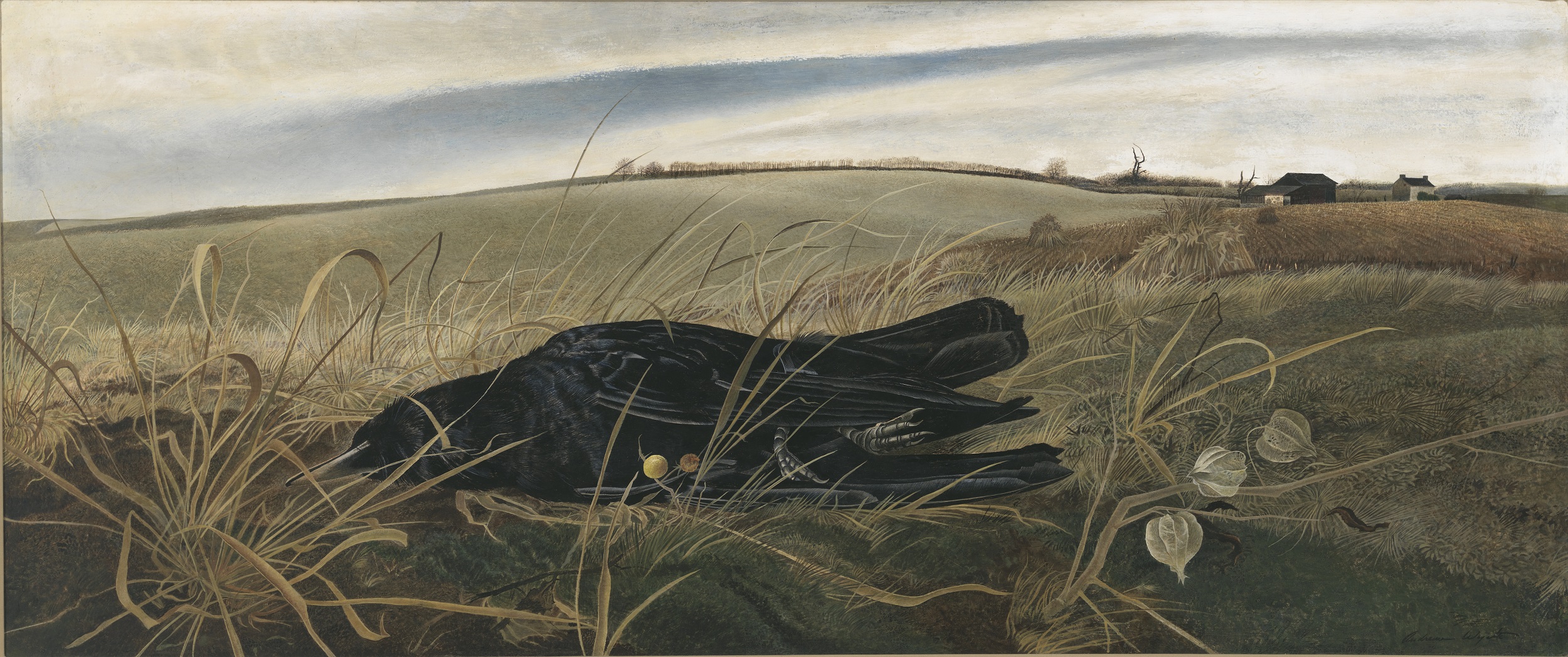 Painting of a landscape with a dead crow surrounded by dead grass