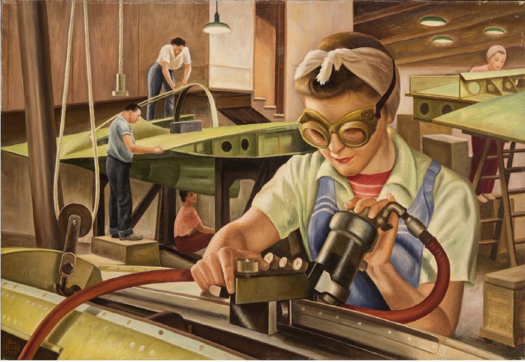 Painting of a woman in overalls working in a factory, with three other workers behind her.