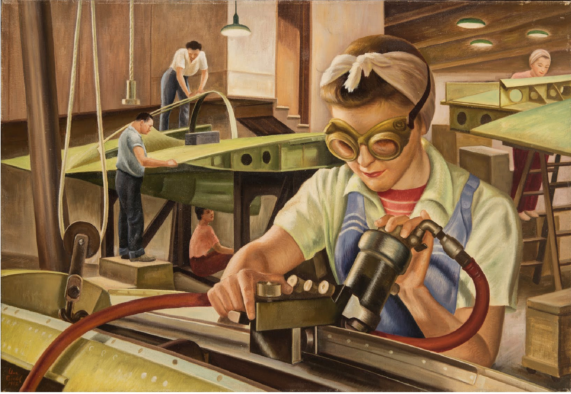 Paint of a woman in overalls working in a factory, with three other workers behind her.